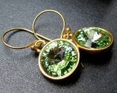 Peridot Earrings, Swarovski Crystal Rivoli Green Jewels, Vermeil Gold Earwires, August Birthstone - Green Ice