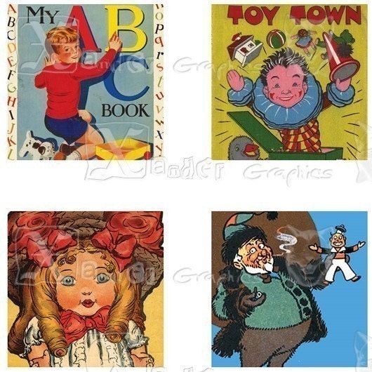 Vintage Children Storybook Illustrations I - 8.5 x 11 inch Printable Digital Collage Sheet - with 35 - 1 Inch Square Images