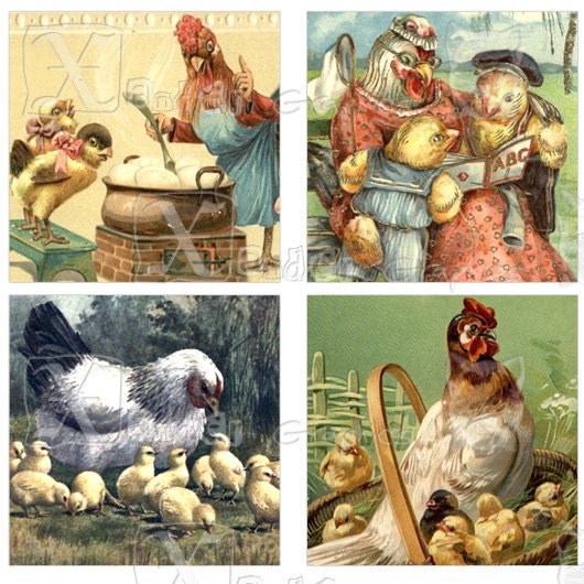 Vintage Hens - 8.5 x 11 inch Printable Digital Collage Sheet -  with 70 - 1 Inch Square Images