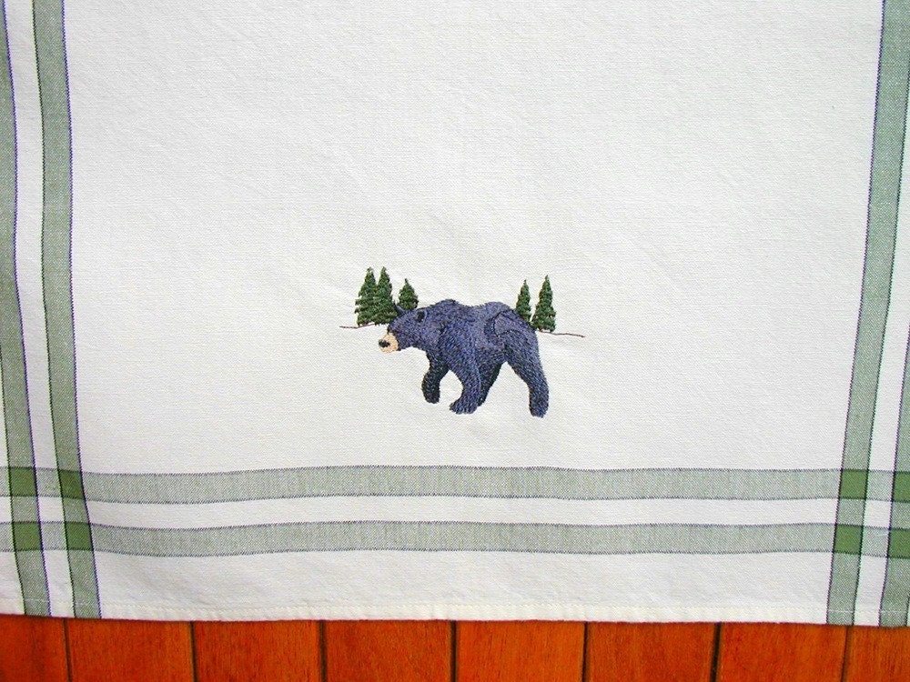 Bear Black Embroidered Cabin Kitchen Towel Woodland Pine Forest Rustic Lodge Home Decor