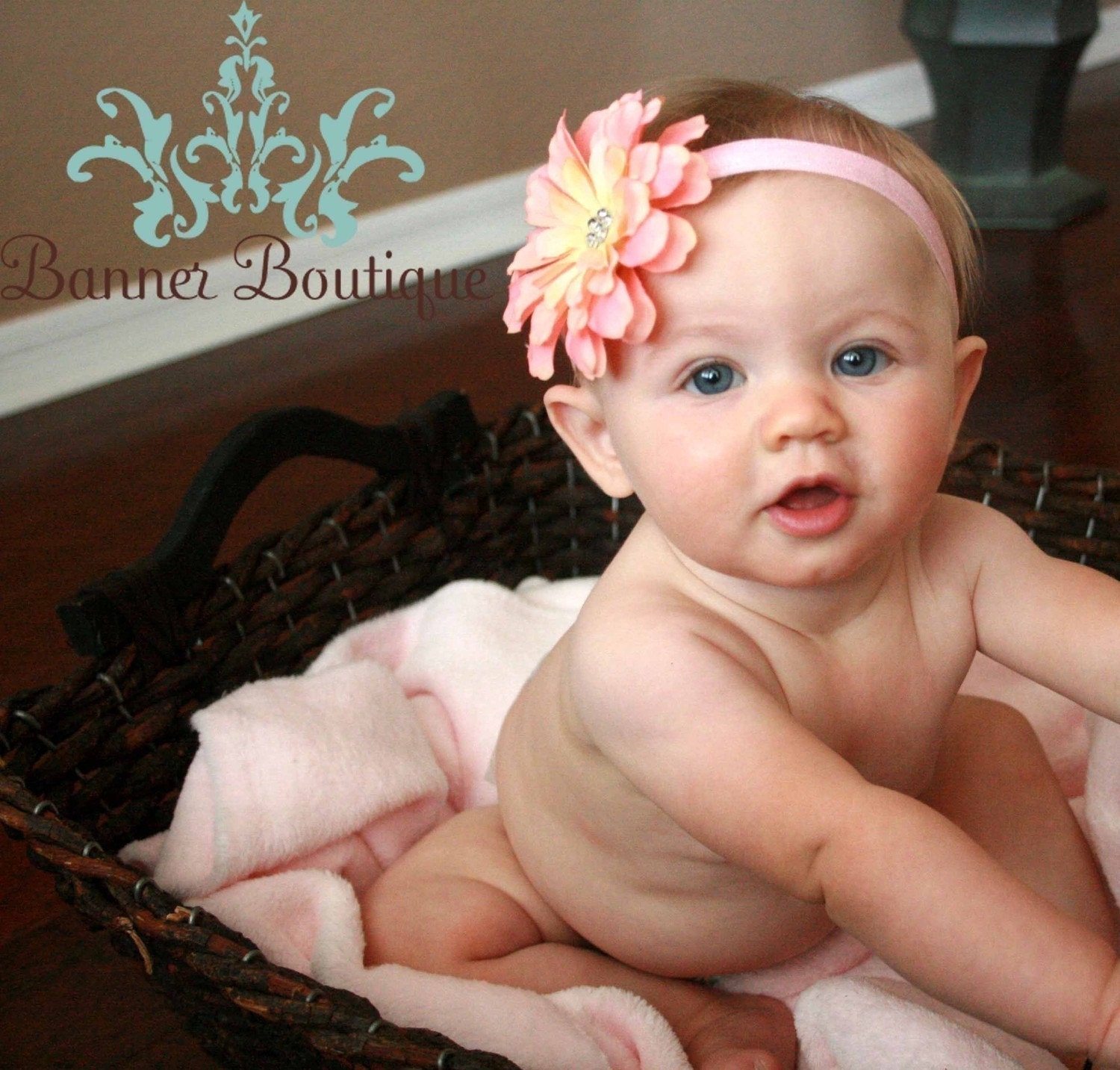 Boutique Peachy Pink Gerber Daisy Flower Headband with Swarvoski Crystals Center- Perfect for Infants and Toddlers through age 5/6