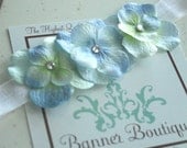 Robbins Egg Blue Triple Flower Headband on Super Soft Stretch White Nylon Ribbon