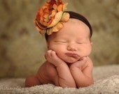 Cinnamon Spice Large Flower on Wide Chocolate Brown Headband with Large Pearl and Rhinestone Fashion center Fits Newborns through age 2/3