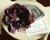 Deep Eggplant Detachable Beanie Flower Clip w Pave rhinestone center..Your Choice Beanie Color...ALL SIZES AVAILABLE
