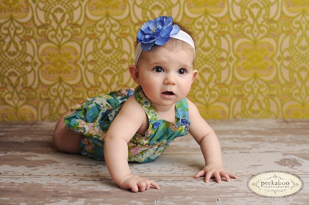 Blue Sky Rosette Flower on Angel Soft white Headband with Swarvoski Crystals Center   Fits newborn through age 3/4 yrs