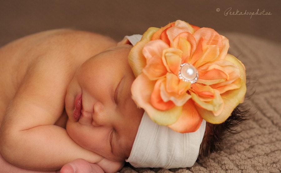 Citrus Cream...Orange Flower On Wide Super Soft Cream Nylon headband with fashion pearl and rhinestone center