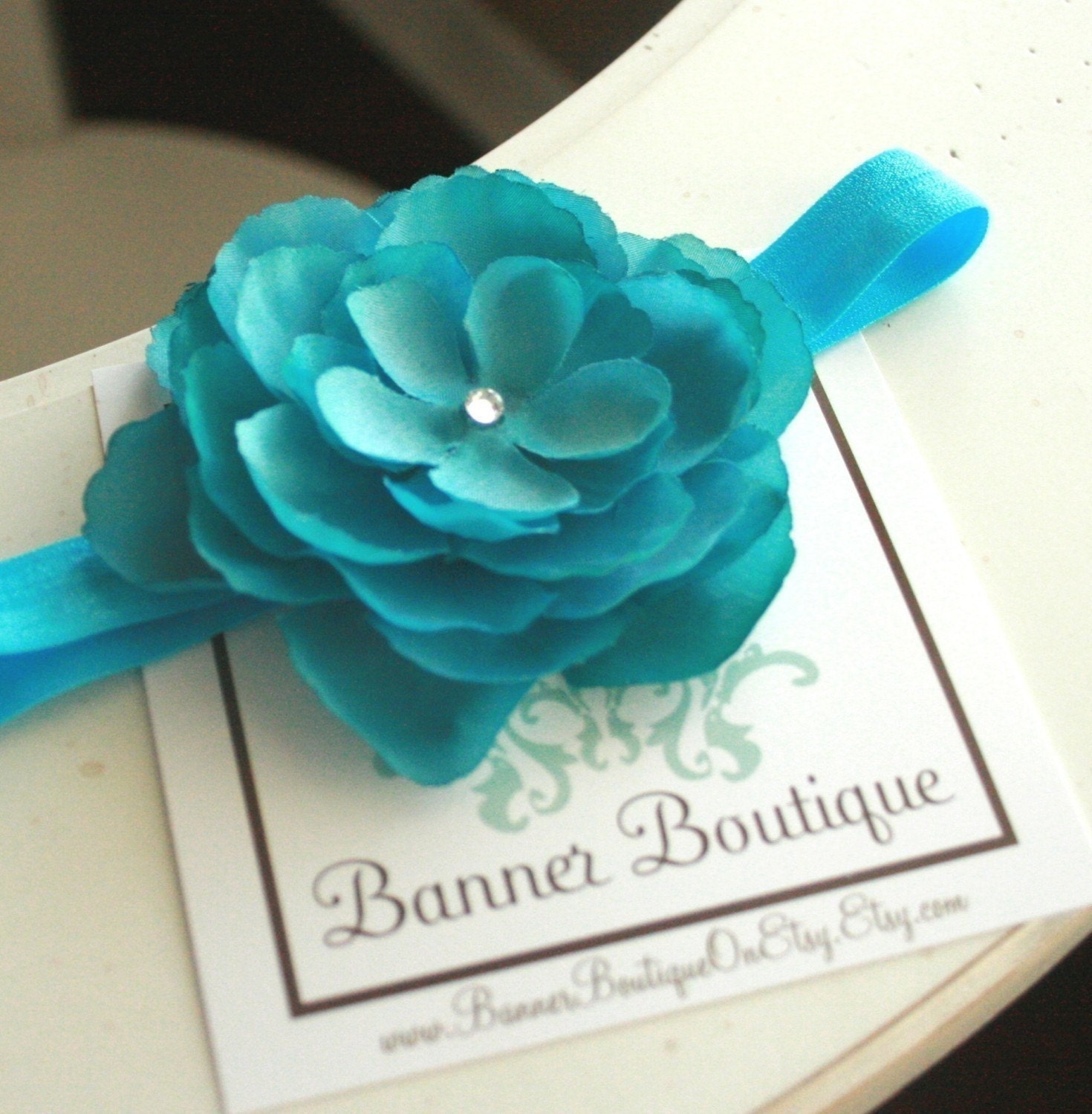 Aquamarine / Turquoise Rosette on Bright Teal Soft Stretch Headband...newborn infants babies toddlers big girls adults
