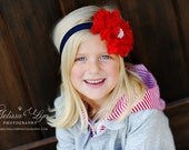 The America...Patriotic Headband...Handmade Red Lace Flower on Navy Blue Thin Headband with White Beaded Center...ALL Sizes Available
