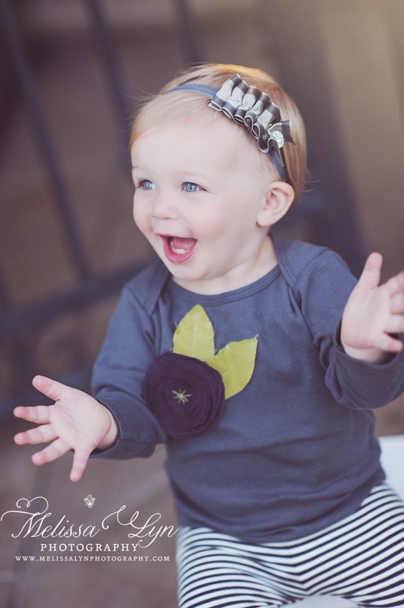 NEW... The Serina ... Adorable Grey and Silver Ruffled Ribbon with Pave Accent Headband ... All Sizes available