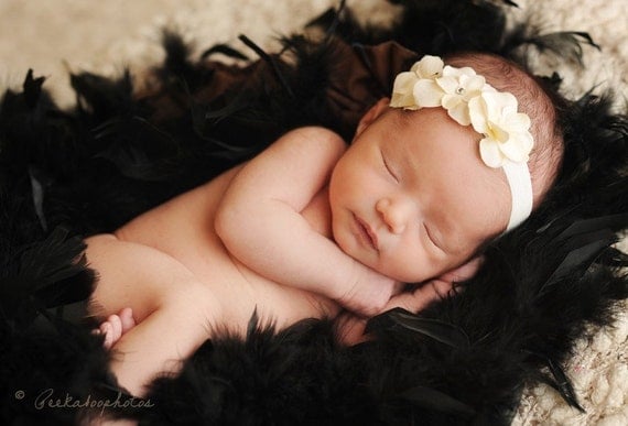 Cream Triple Flower Headband on Soft Stretch Nylon Ribbon with Swarvoski crystals center  TWO SIZES AVAILABLE Baptisms Christenings Weddings