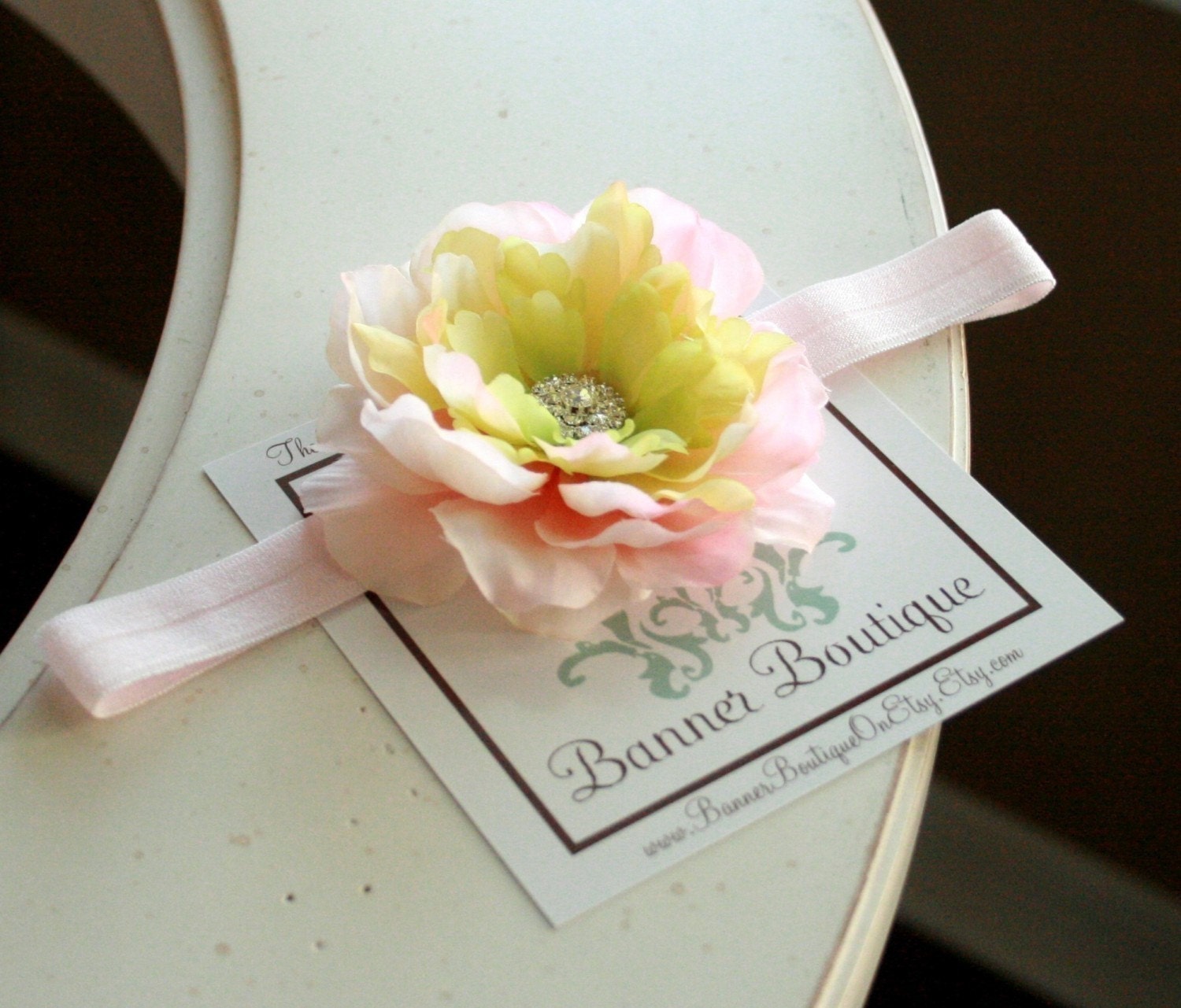 Pink and Green Flower Headband, Rhinestone Flower Headband, Newborn Headband, Baby Headband, All sizes available... The Spring Princess