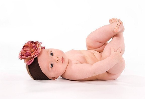 Only a few left...Gorgeous Shabby Chic Buttercream Flower on soft Chocolate Brown wide nylon headband with Extra Large Swarvoski Crystal Center   perfect for newborns infants babies and toddlers