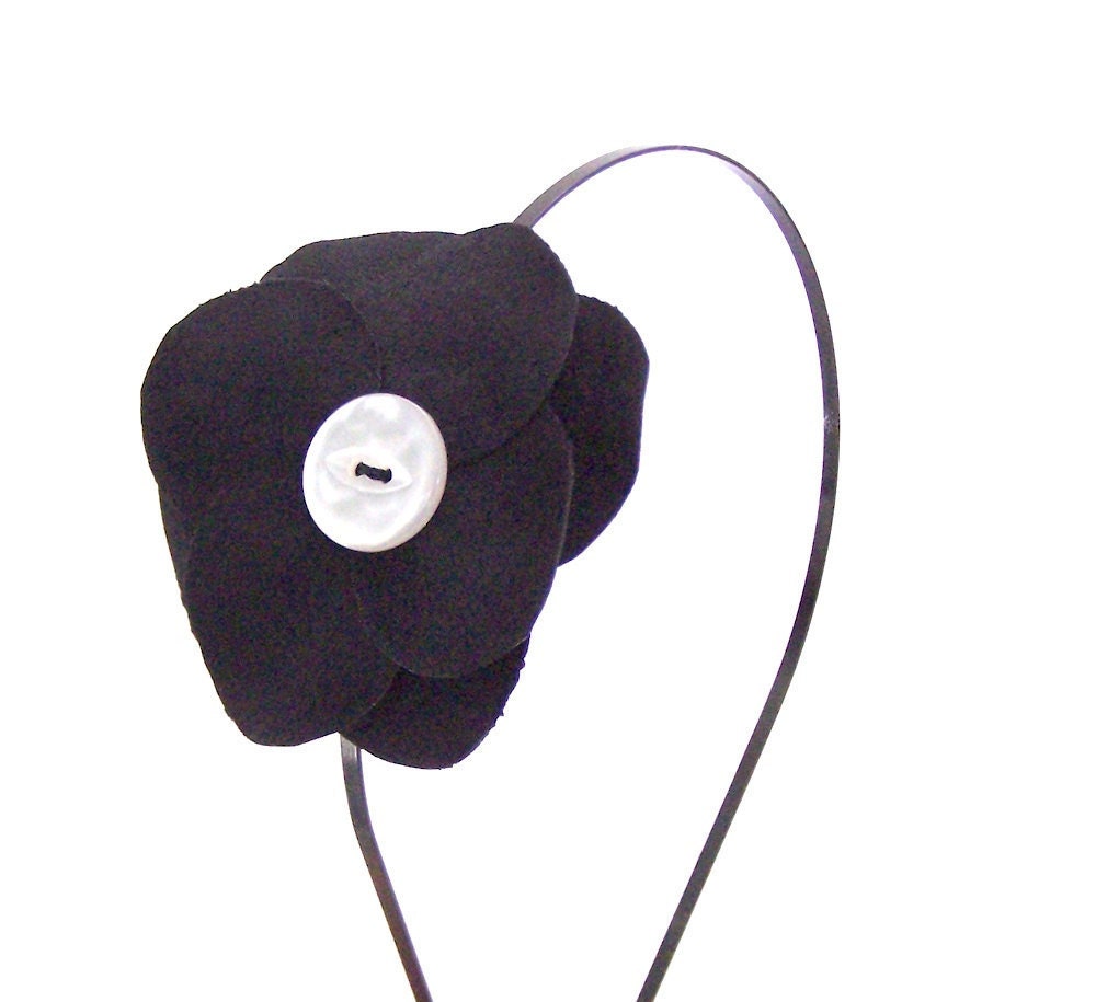 Floral Fascinator Headband - Skinny Black Metal Headband Black Faux Suede Flower & Button Center