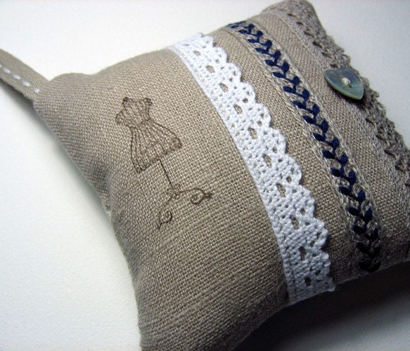 Pincushion,  Natural Linen Fabric, Cotton Lace, Blue Trim, Mother of Pearl Button, Mannequin