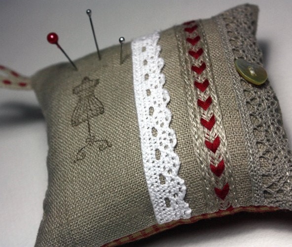 Pincushion, - Natural Linen Fabric, Cotton Lace, Red Trim, Mother of Pearl Button - RUSTIC RED