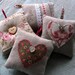 Pincushion, - Natural Linen Fabric, Cotton Lace, Red Trim, Mother of Pearl Button - RUSTIC RED