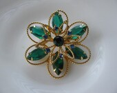 Beautiful Vintage Green and Blue Rhinestone Flower Brooch