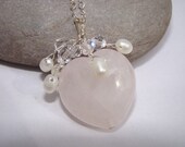 Rose Quartz Heart Pendant Necklace - Crystal - Pearls - Sterling Silver