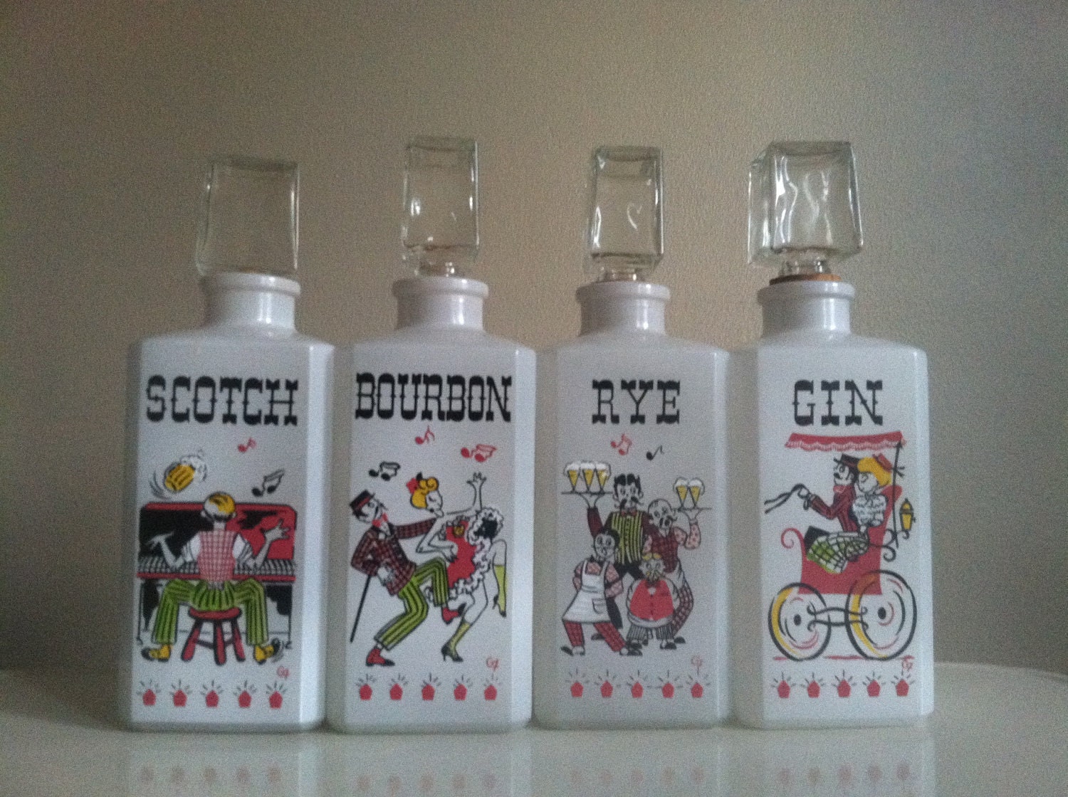 Liquor Bottles.  Vintage Milk Glass. Mardi Gras Party. Scotch, Bourbon, Rye and Gin. Set of 4.