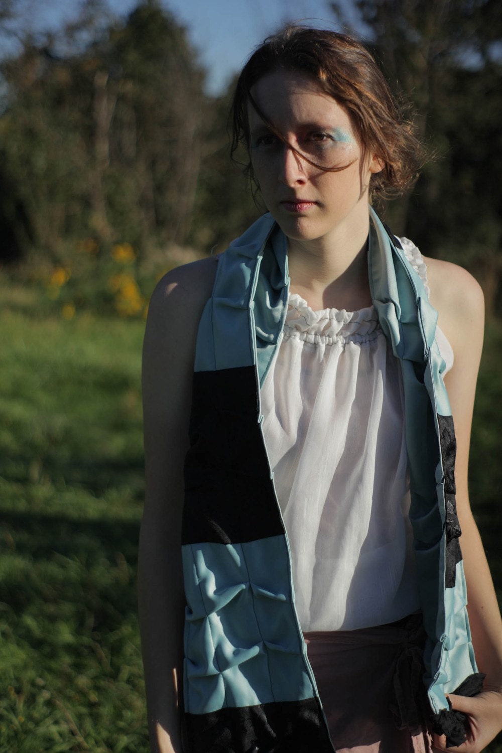 Pleated Baby Blue and Black Rose Scarf