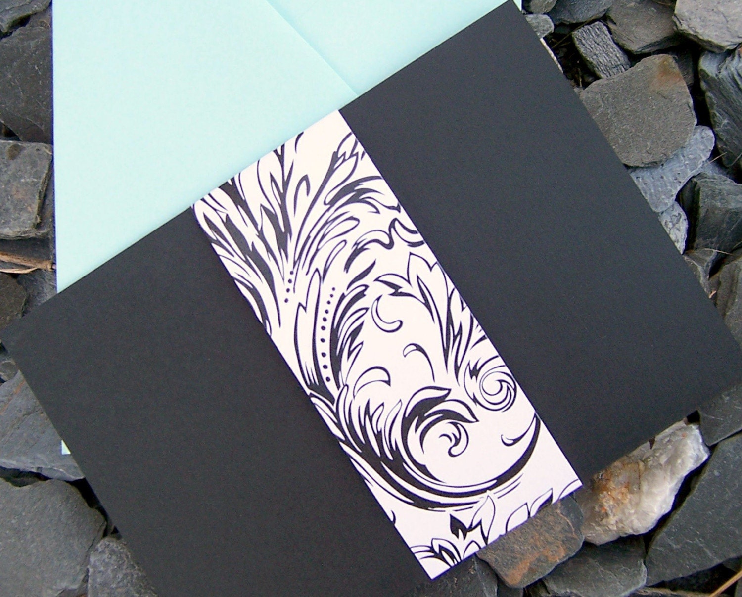 Modern wedding invitation, damask wedding invitation, flourish invitation, black, white, aqua wedding invitation