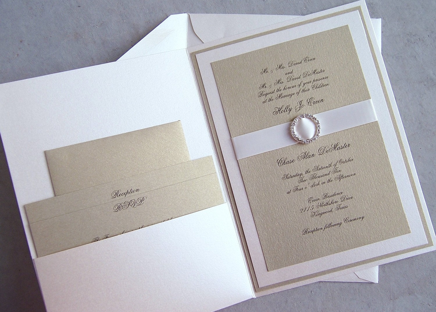 Elegant wedding invitation, gold wedding invitation, ivory wedding invitation, rhinestone wedding invitation, metallic wedding invitation