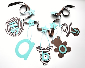 Blue and brown zebra baby shower decorations it's a boy banner by ParkersPrints on Etsy