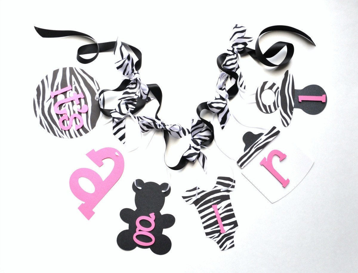 Zebra baby shower decorations pink and black it's a girl banner with bows by ParkersPrints on Etsy Il_570xn