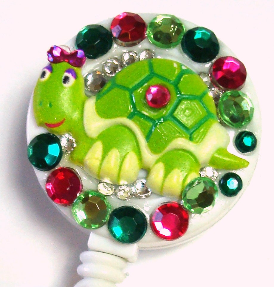 Green and Pink Turtle and  Rhinestone Embellished ID Badge Reel