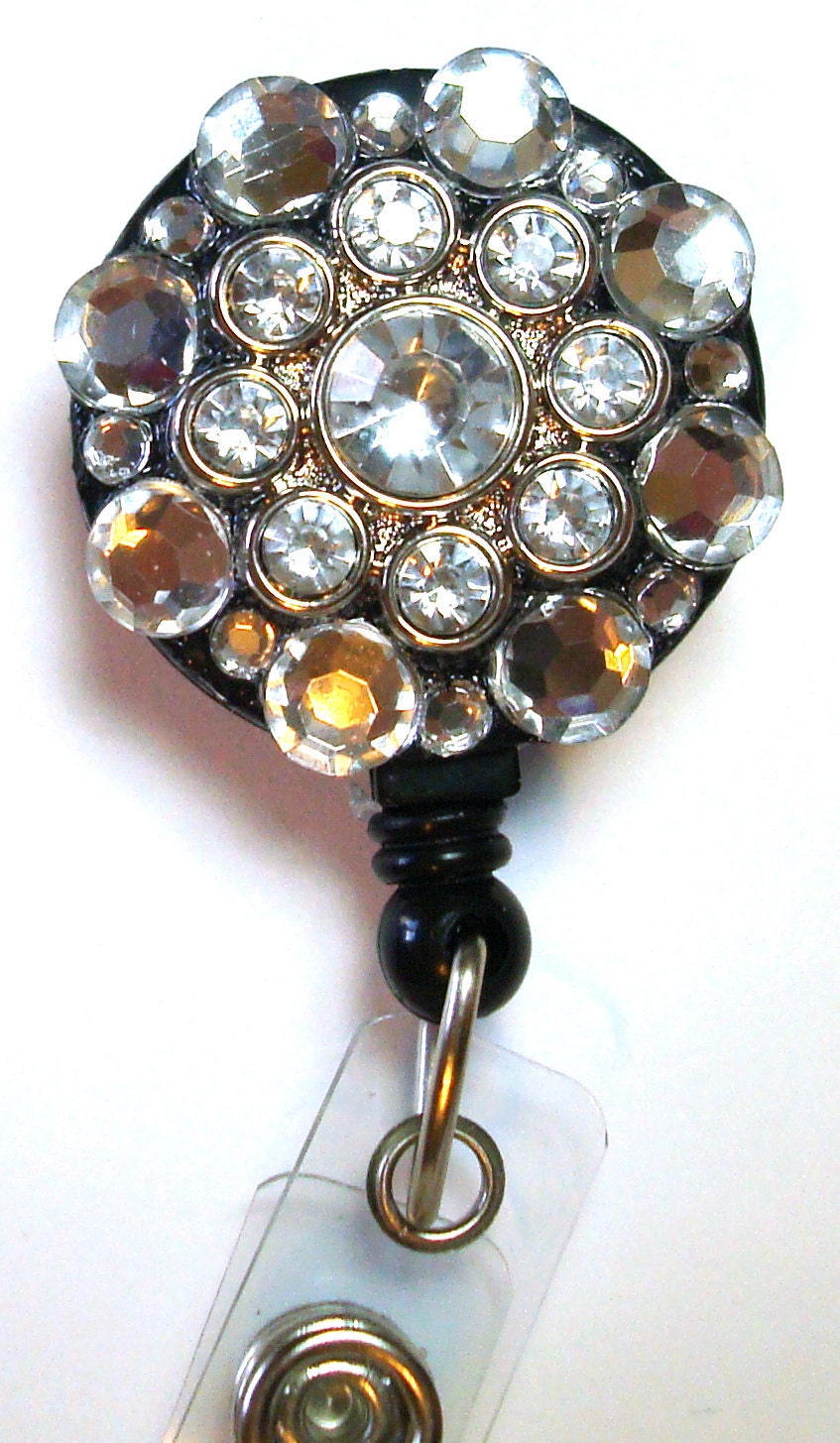 Crystal Clear Flower Rhinestone Button and Swarovski Crystal Embellished ID Badge Reel