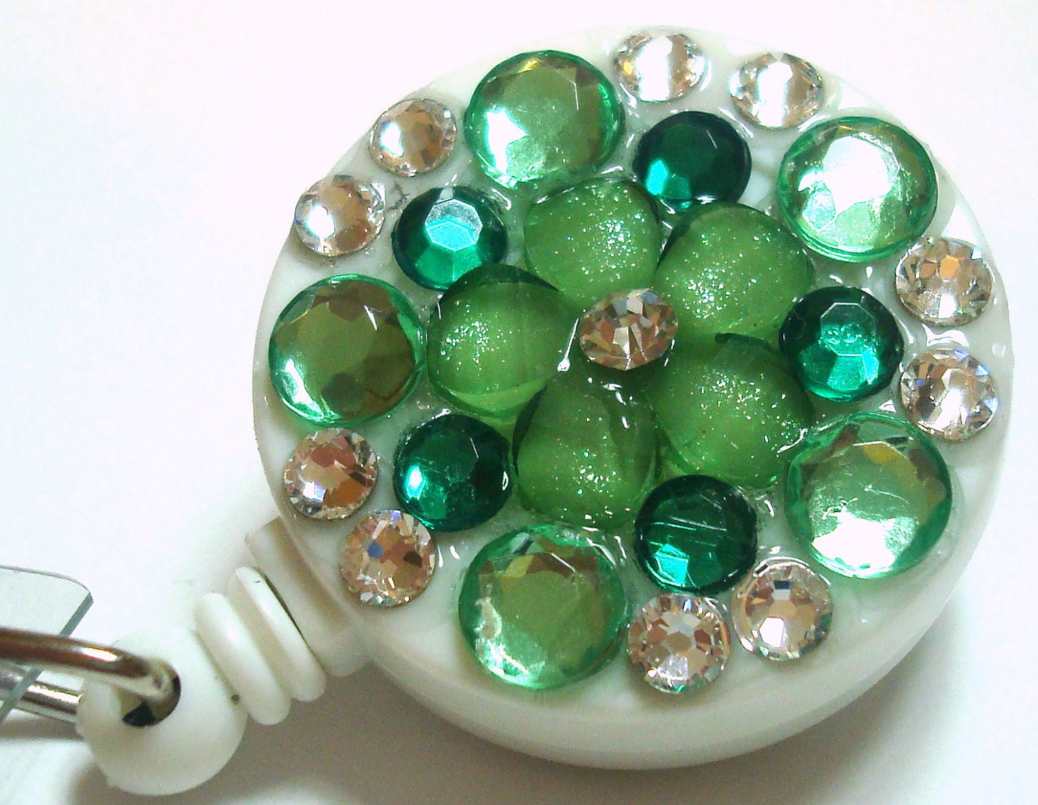 Green Rhinestone Flower and Swarovski Crystal Embellished Swivel-Back ID Badge Reel