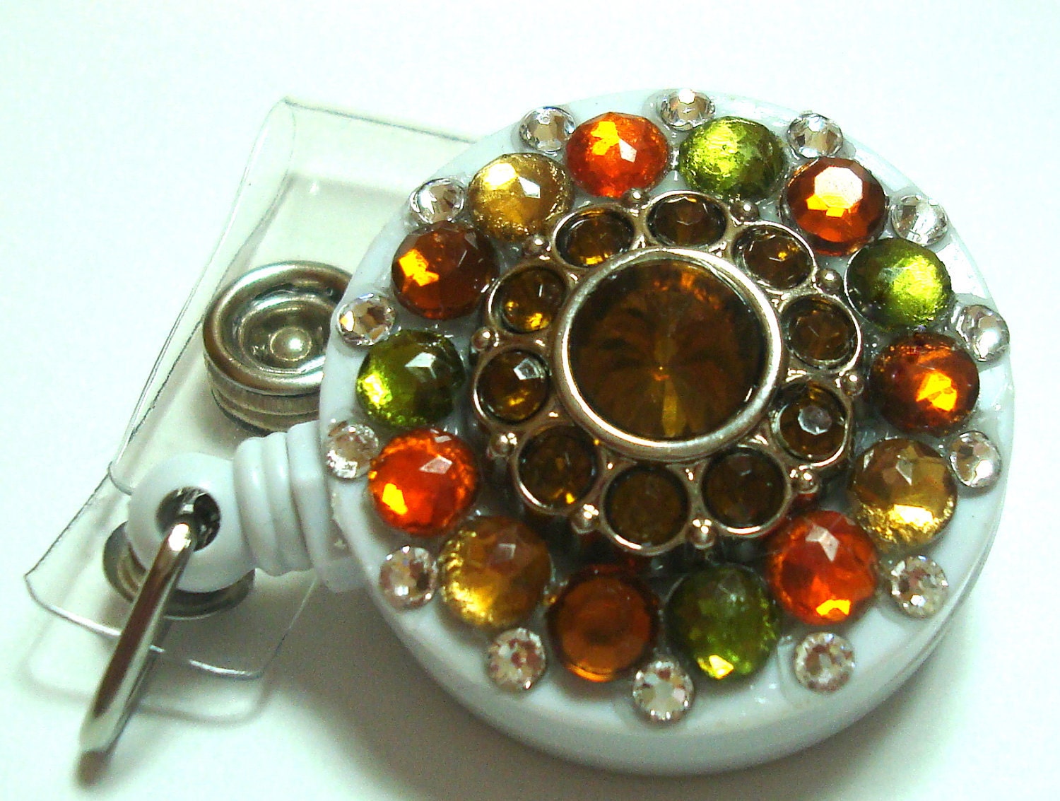Brown, Orange, Green Rhinestone and Swarovski Crystal Embellished ID Badge Reel