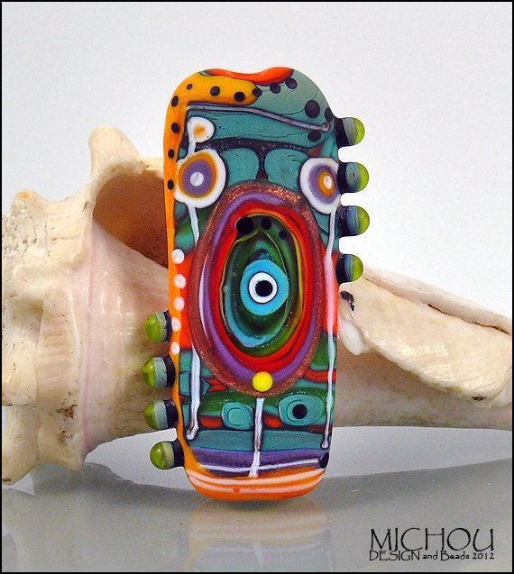 Love is Rock - Lampwork Glass, shades of blue, grey and green, red, purple, orange and a little gold stone by Michou Pascale Anderson