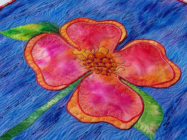 MarveLes PEACHY POSY Wall Art Flower Quilt Blue Peach Pink Spring Leslie McNeil