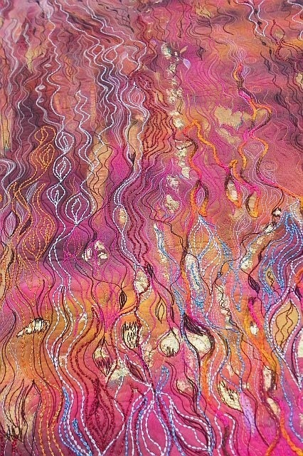 BONFIRE at SUNSET Original Art Quilt in Pink Gold Black