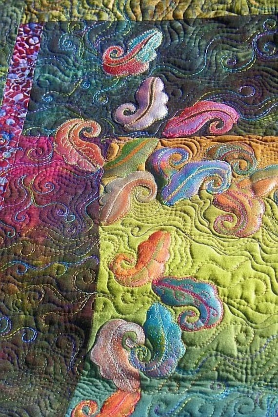 MarveLes LEAVES At DUSK Original Painted Art Quilt in blue, green, navy, brown, red, rust, gold