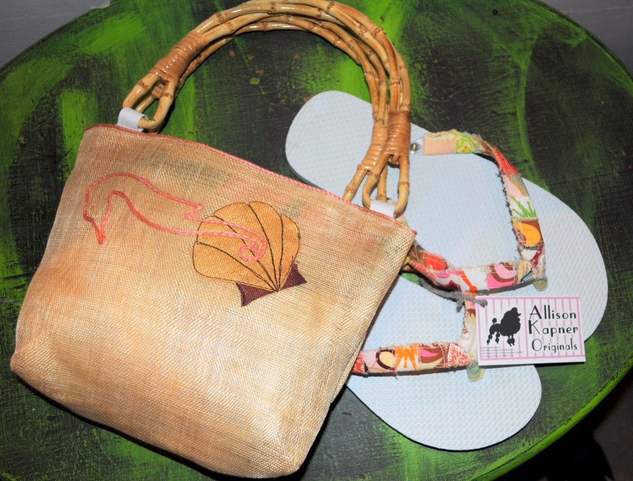Peach seahorse starfish shell embroidery purse handbag bag.  Handmade from vintage Quaker lace placemat.  Bamboo wood handles.