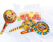 Vintage clown toy clapper noisemaker.  Set of 3 metal tin noise makers - instant collection.  Kirchhof.
