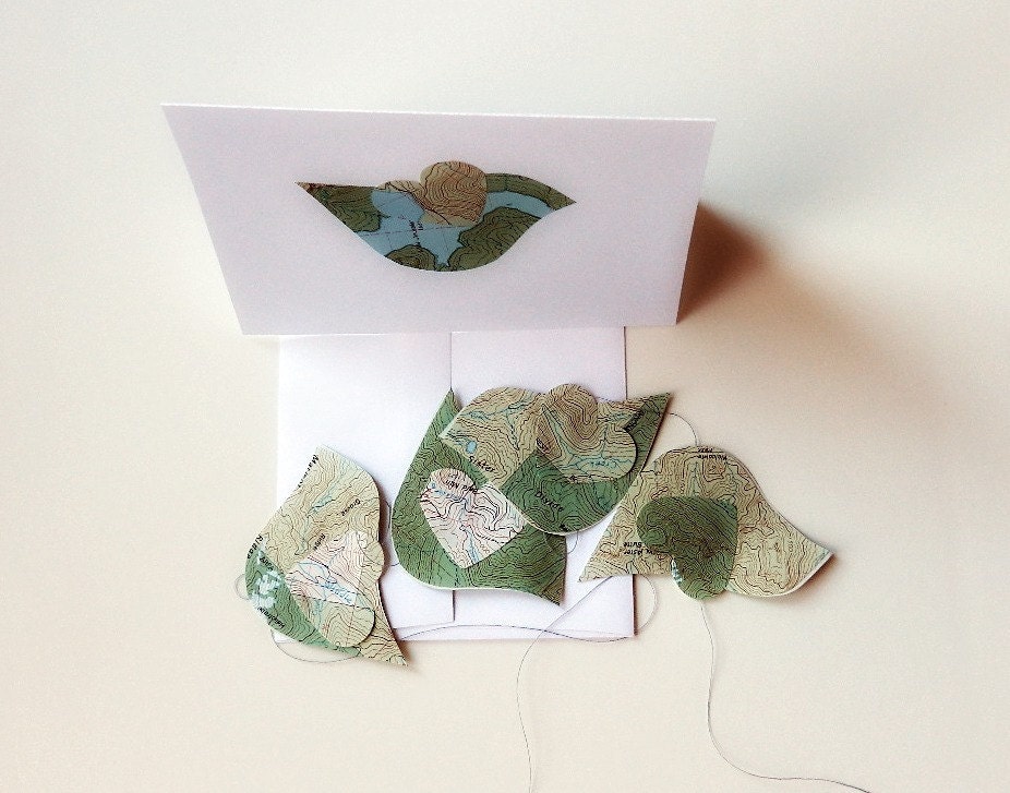 recycled map paper bird mobile garland greeting card heart modern minimal