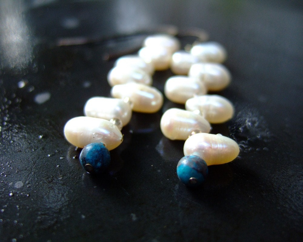 Pearl Rain Blue, sterling silver long dangle earrings