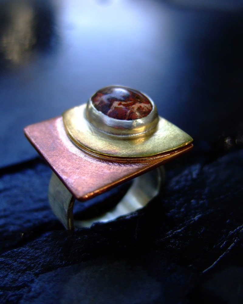 Modern silver, copper & jasper square cocktail ring: Fall Colors