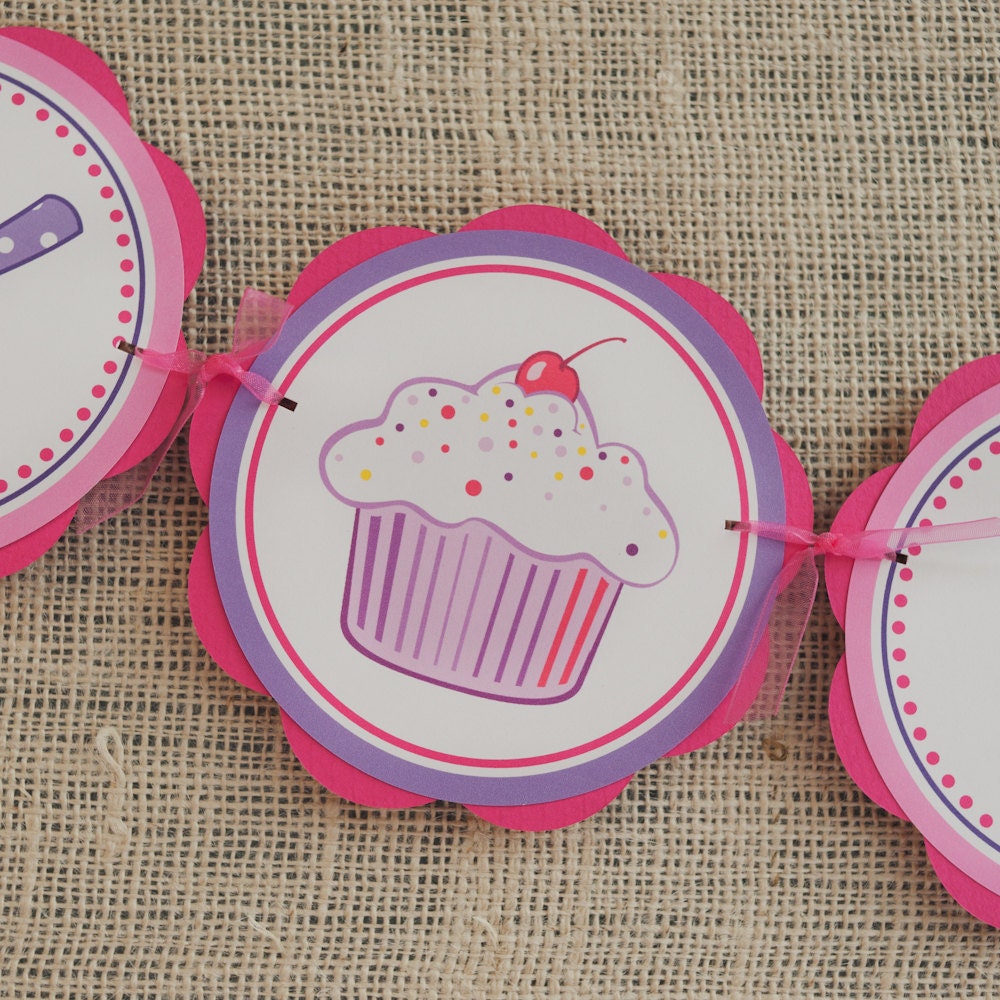Girl Birthday Party Decorations - Cupcake HAPPY BIRTHDAY Banner - Cupcake Birthday Party Decorations - Cupcake Banner in Hot Pink and Purple Il_170x135