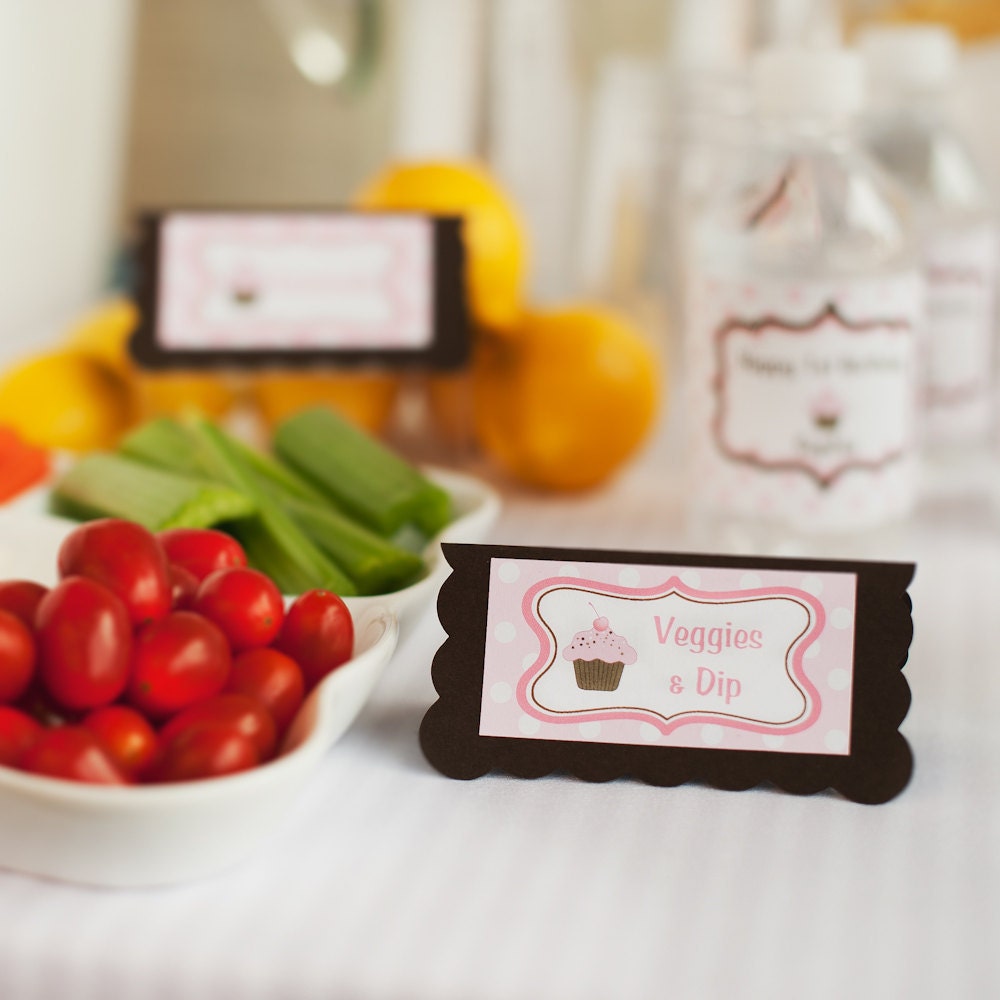Cupcake Theme Menu Cards - Food Tents -  Place Cards - Food Signs - Birthday Party Decorations in Pink & Brown (6)