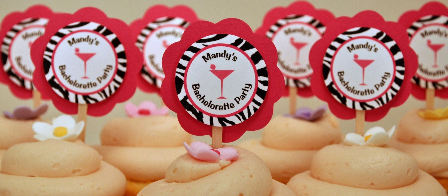Hot Pink and Zebra Martini Glass Theme Bachelorette Party Cupcake Toppers Il_570xn