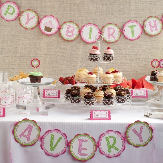 Cupcake Birthday Party - HAPPY BIRTHDAY Banner - Cupcake Birthday Party Sign - Cupcake Party Decorations in Hot Pink and Green Il_570xn