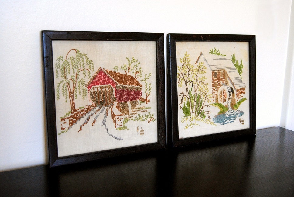 Pair Of Glass Framed Cross Stitch Buildings 1966