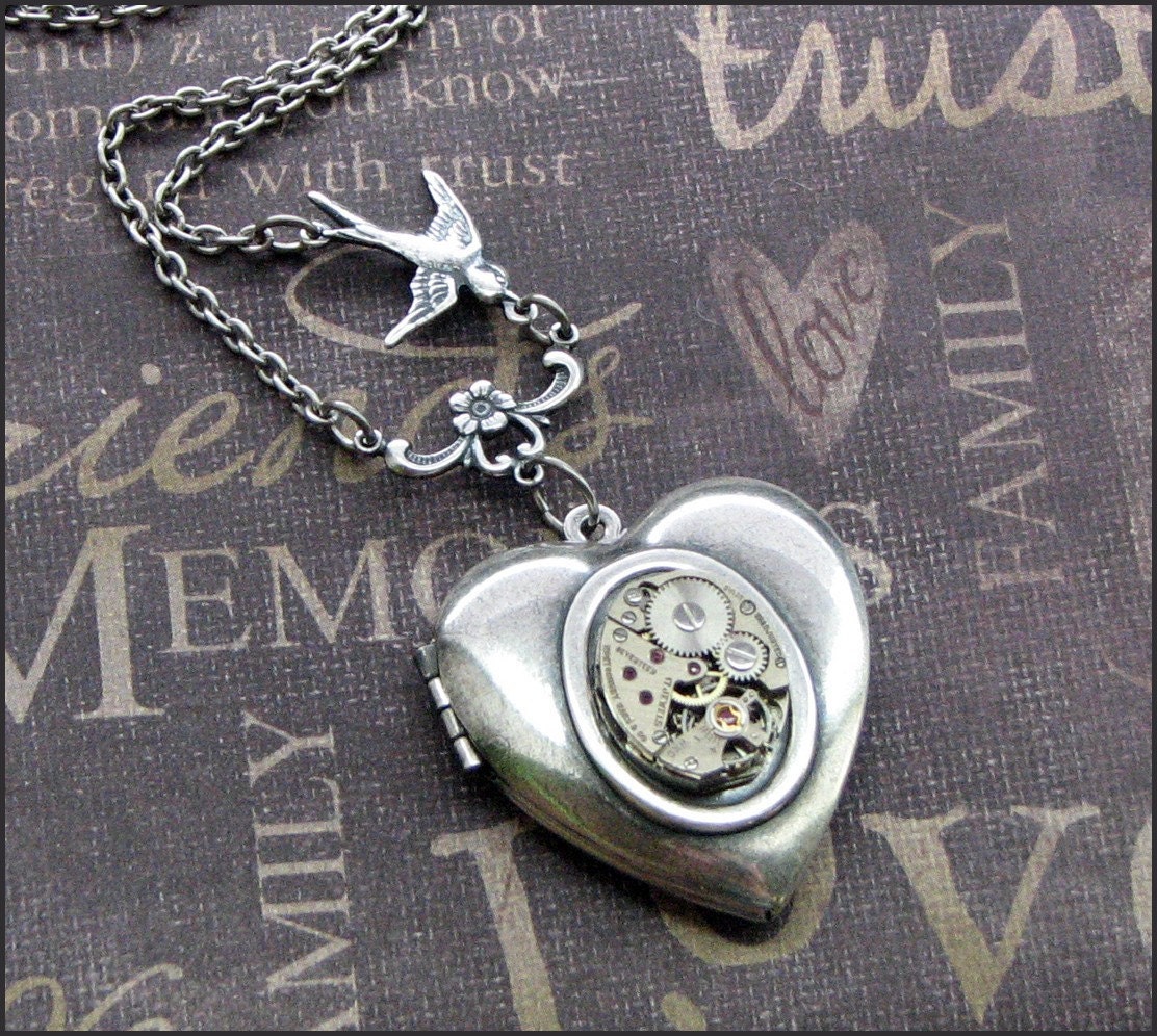 Silver Heart Locket Necklace- Enchanted Love Bird - Jewelry by TheEnchantedLocket - STEAMPUNK Love You Wife Bride Daughter Gift