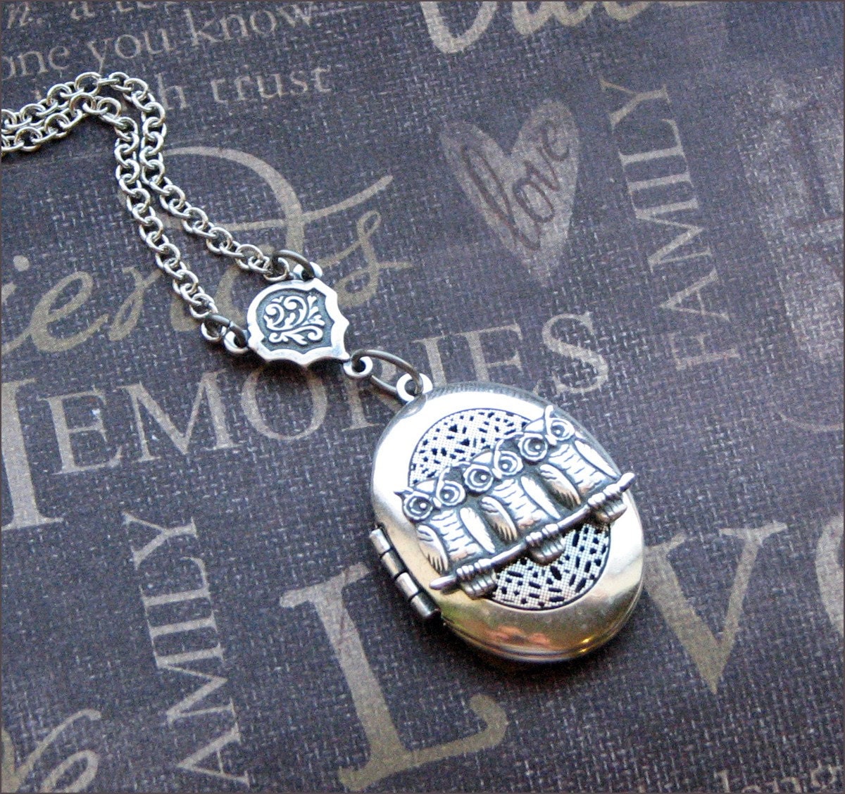 Necklace Locket - Silver Scent Locket Necklace - Antiqued Silver - Lace - Enchanted Woodland Baby Owls - By TheEnchantedLocket