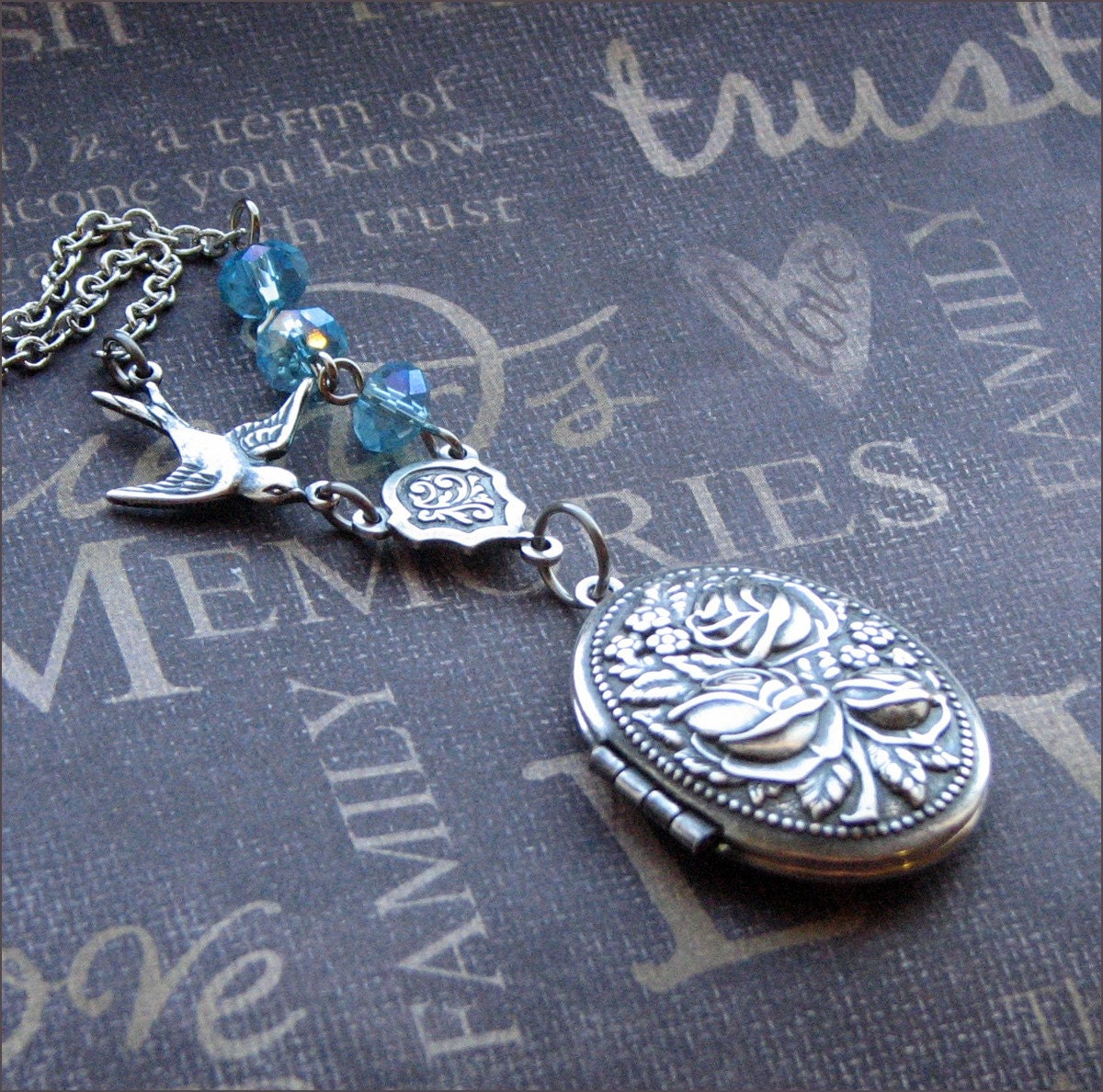 Silver Locket Necklace - Enchanted Blue Roses - By TheEnchantedLocket