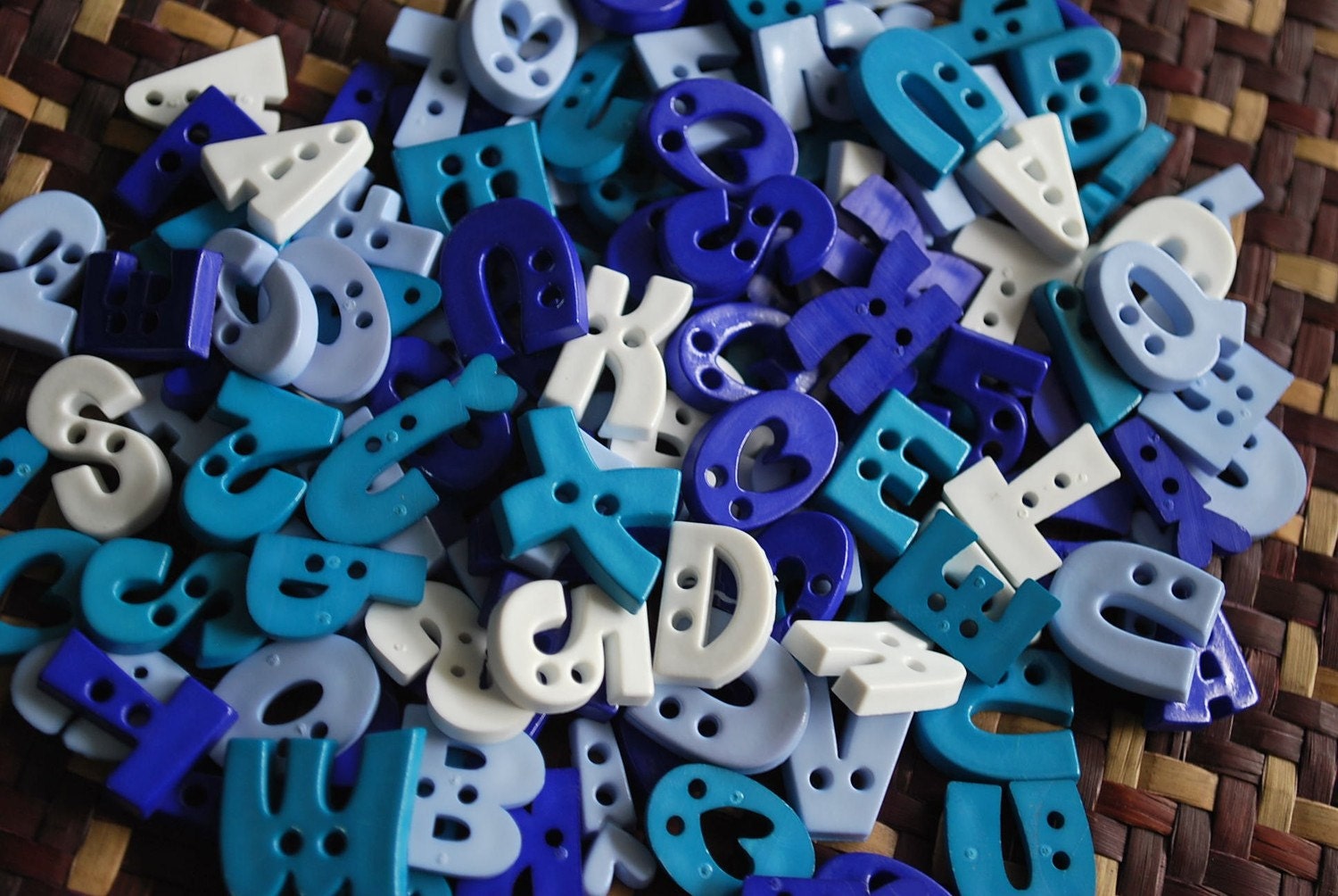 Letter Buttons - Assorted shape and colour - Blue tone - 50 buttons Only 3.45 USD